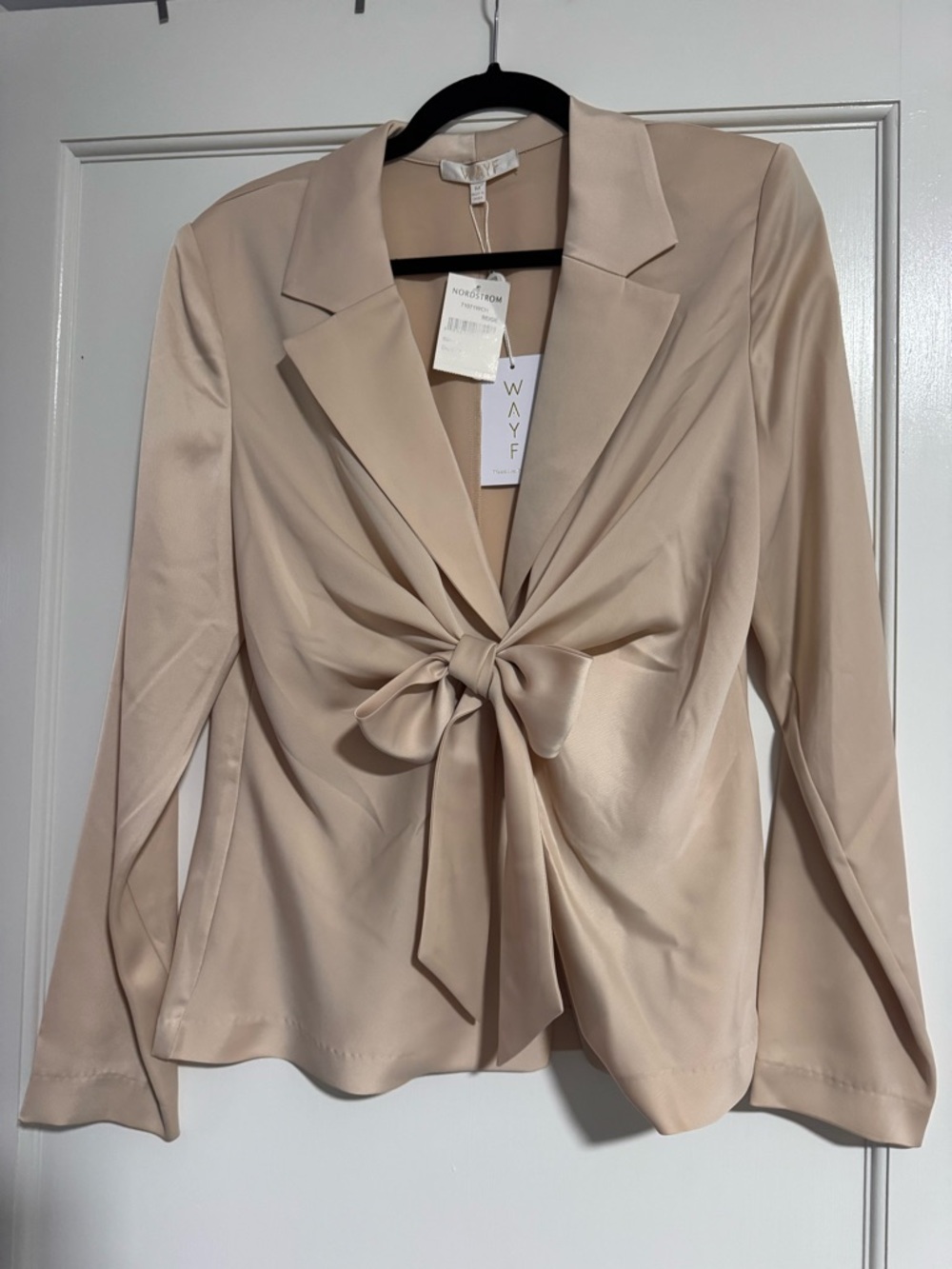Wayf Satin Tie-Front Blazer Top in Light Beige